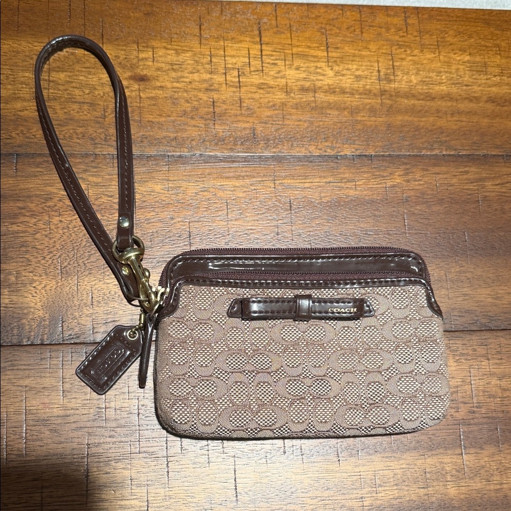 Coach Beige & Brown Signature Canvas Wristlet with Leather Trim